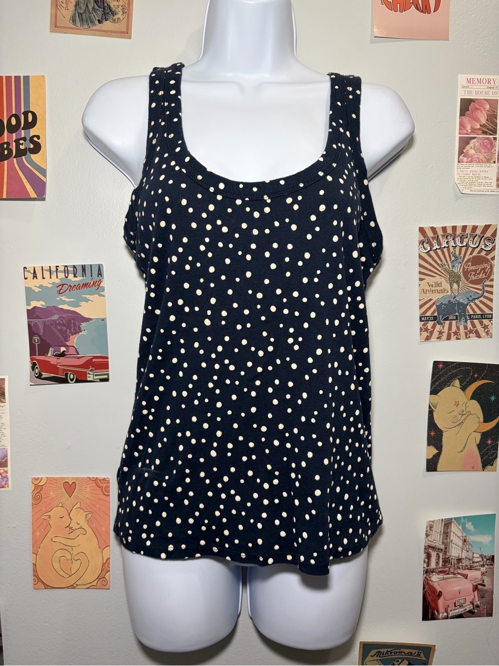 LOFT Navy Tank Top with Cream Polka Dots